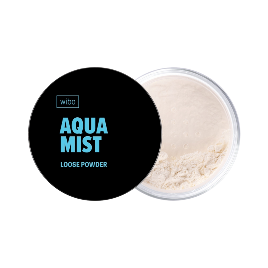 Wibo Aqua Mist Loose Powder, transparent powder in a 10g plastic jar with black lid.