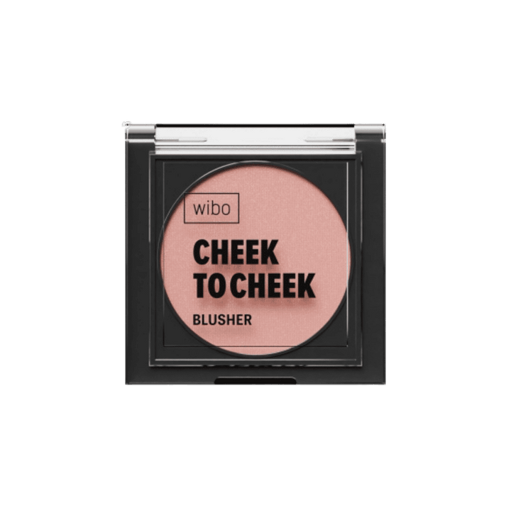 Wibo Cheek to Cheek blusher, pink pressed powder in black square compact with clear lid.