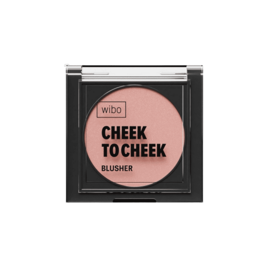 Wibo Cheek to Cheek blusher, pink pressed powder in black square compact with clear lid.