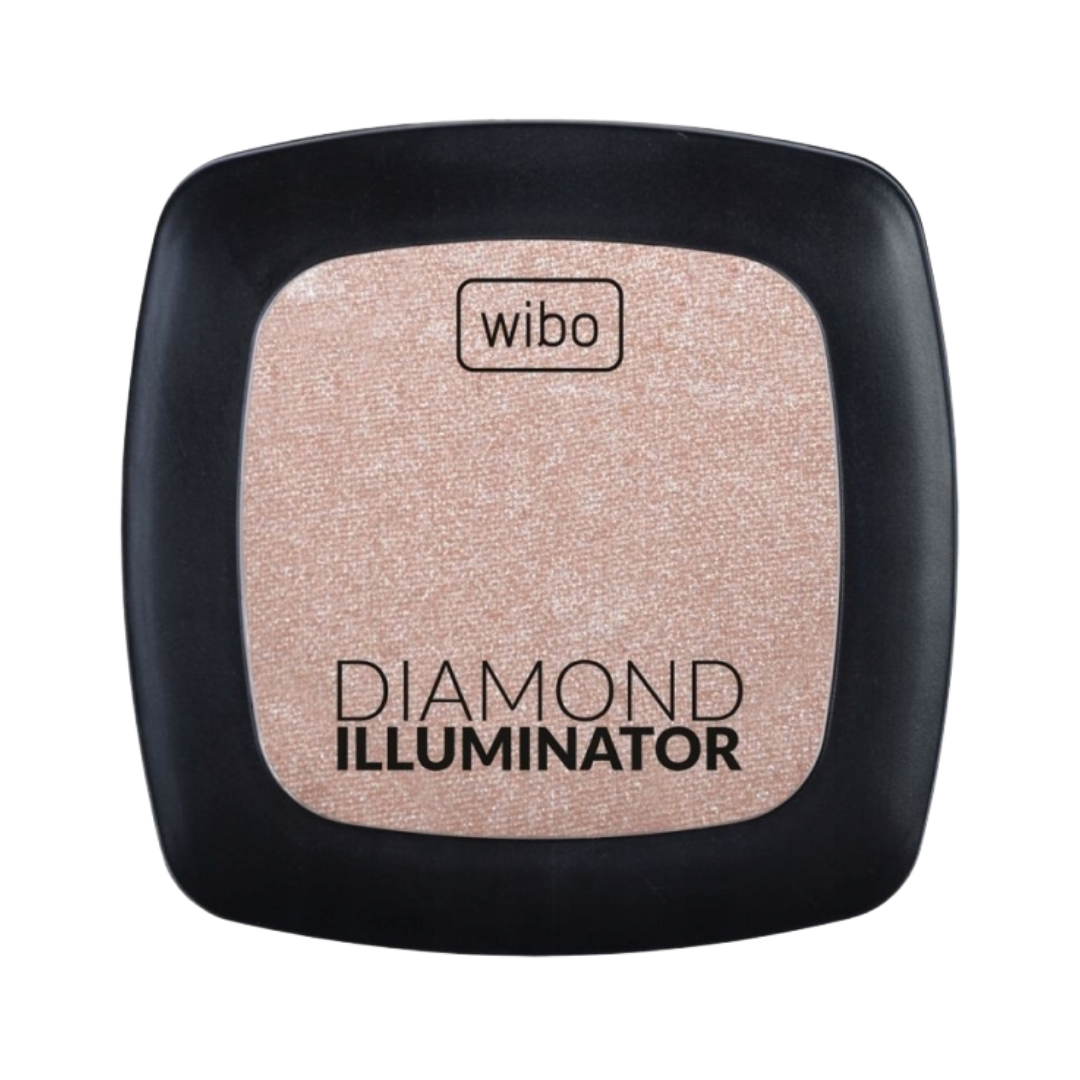 Wibo Diamond Illuminator highlighter compact with black square case and champagne shimmer powder pan

