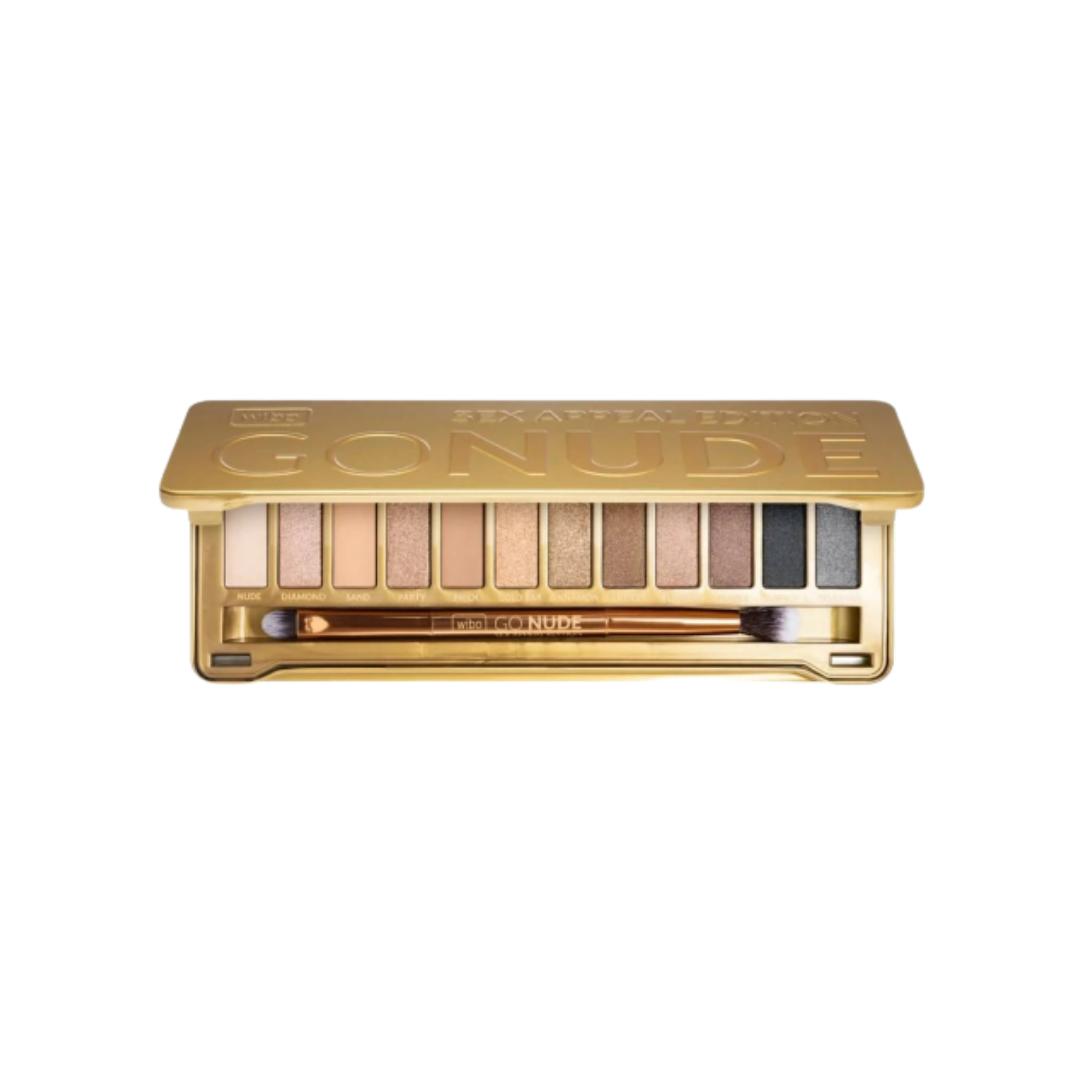 Gold eyeshadow palette with twelve neutral shades and double-ended brush in an open rectangular case