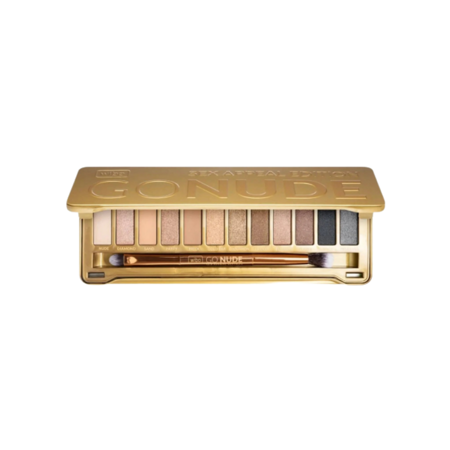 Gold eyeshadow palette with twelve neutral shades and double-ended brush in an open rectangular case