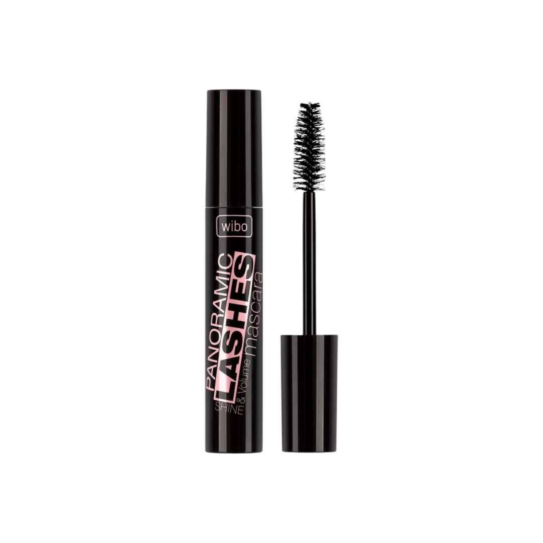Wibo Panoramic Lashes Mascara, black packaging, includes mascara tube and applicator brush.
