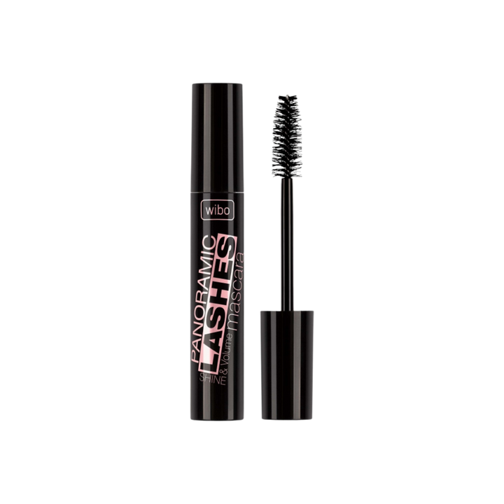 Wibo Panoramic Lashes Mascara, black packaging, includes mascara tube and applicator brush.