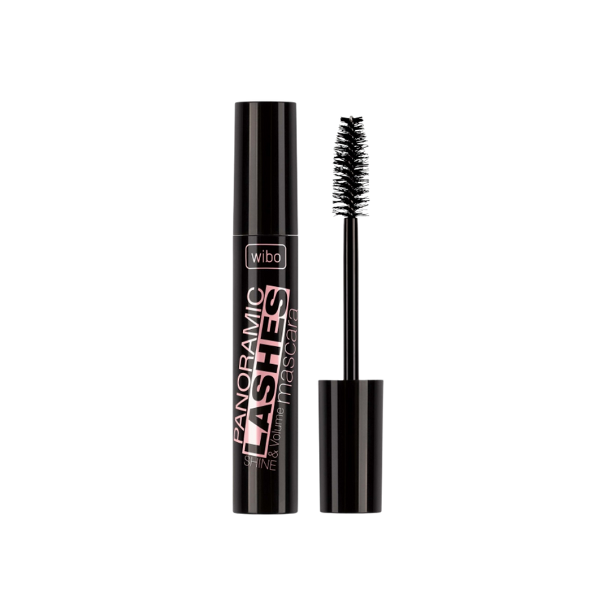 Wibo Panoramic Lashes Mascara, black packaging, includes mascara tube and applicator brush.