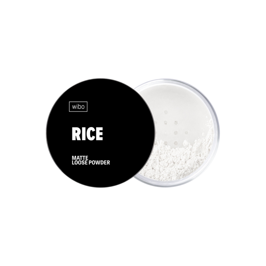 Wibo Rice Matte Loose Powder, black packaging, with a transparent container showing the loose powder inside.