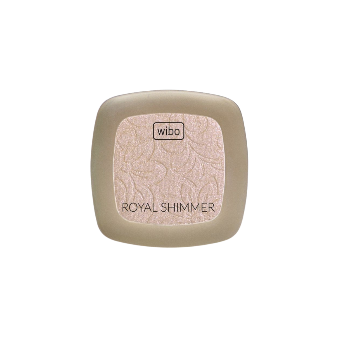 Wibo Royal Shimmer Eyeshadow, light beige color with a floral pattern, in square compact packaging.