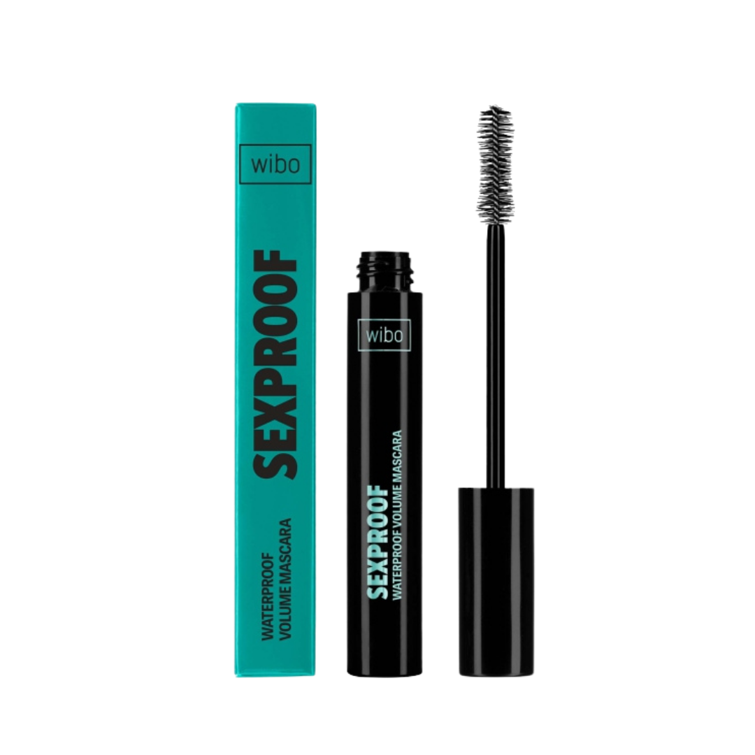 Wibo Sexproof Waterproof Volume Mascara 8g black tube with teal box and exposed brush