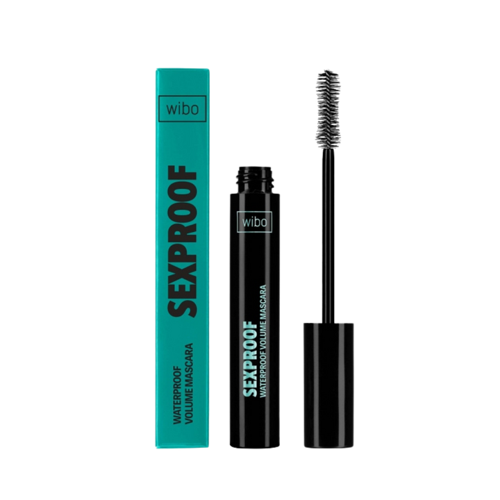 Wibo Sexproof Waterproof Volume Mascara 8g black tube with teal box and exposed brush