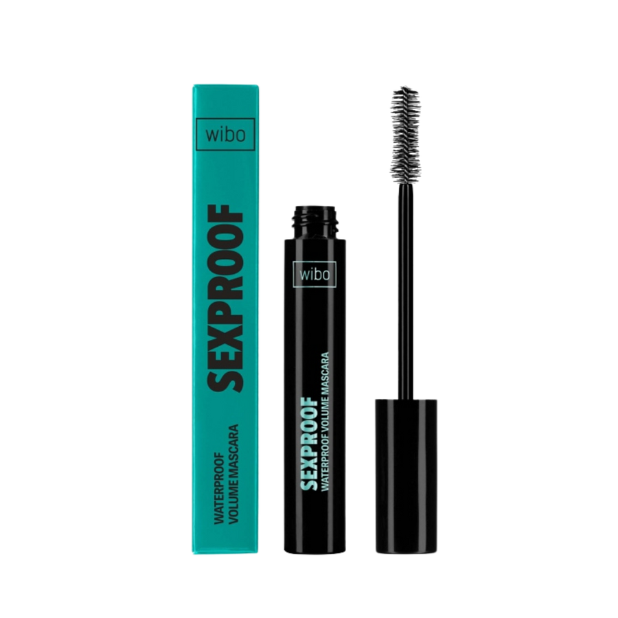 Wibo Sexproof Waterproof Volume Mascara 8g black tube with teal box and exposed brush