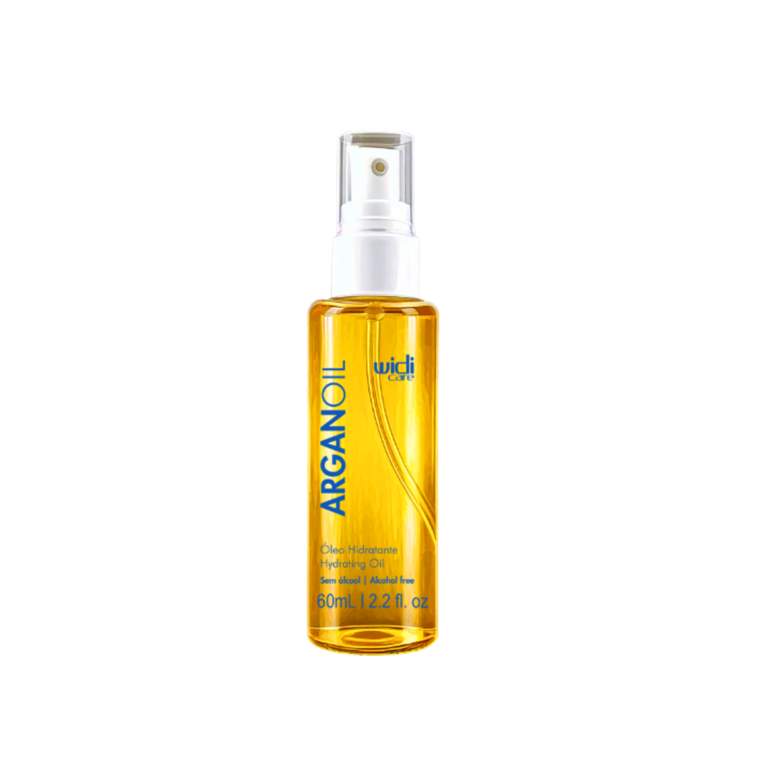 Widi Care Argan Oil Hydrating Oil, 60ml yellow spray bottle, alcohol-free formula for hydration.