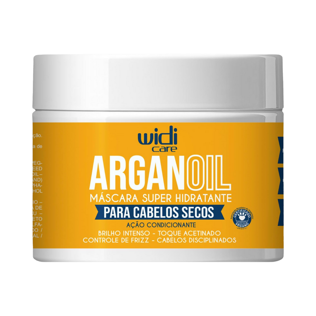 Widi Care Argan Oil moisturizing hair mask jar for dry hair, white lid, yellow label packaging
