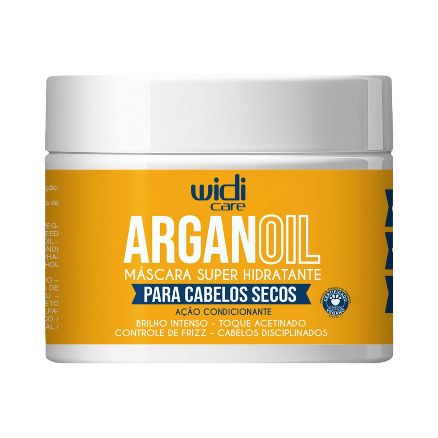 Widi Care Argan Oil moisturizing hair mask jar for dry hair, white lid, yellow label packaging
