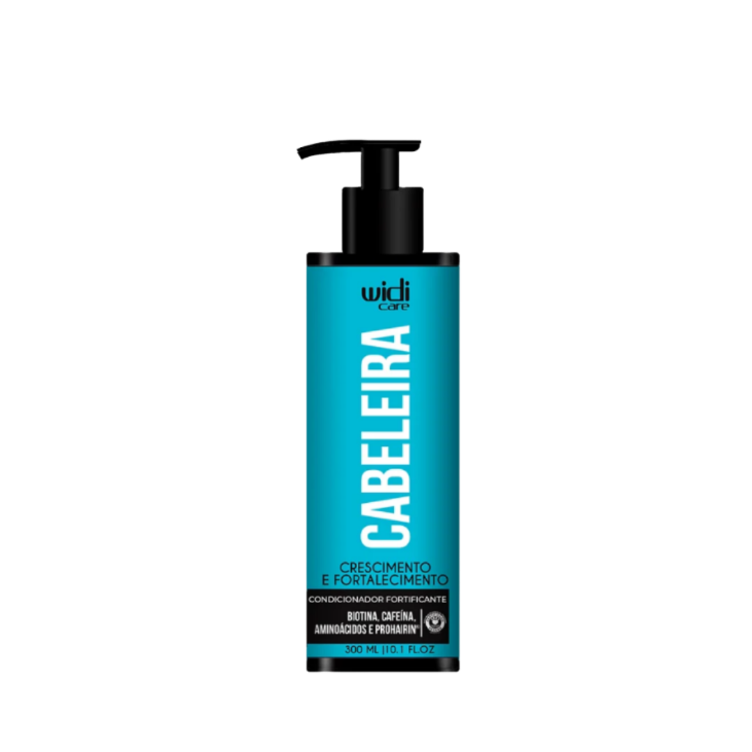 Widi Care Cabeleria Strengthening Conditioner, 300ml blue bottle with pump dispenser, enriched with biotin, caffeine, amino acids, and prohairin.