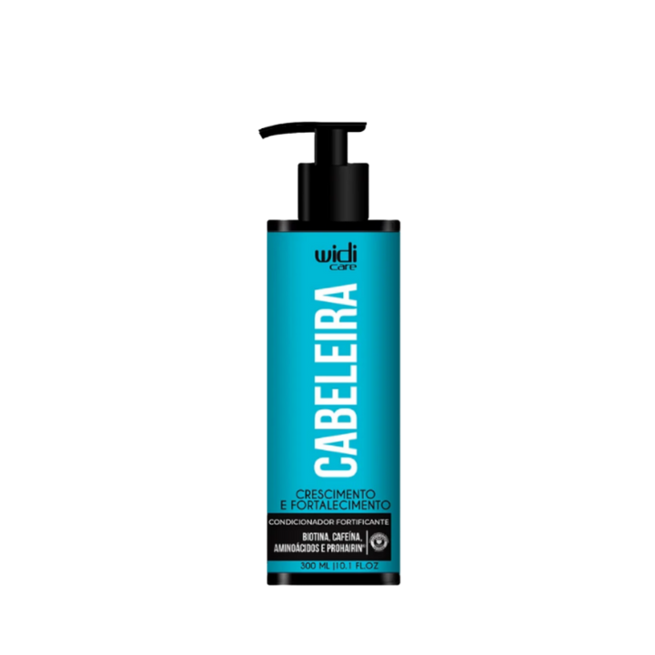 Widi Care Cabeleria Strengthening Conditioner, 300ml blue bottle with pump dispenser, enriched with biotin, caffeine, amino acids, and prohairin.