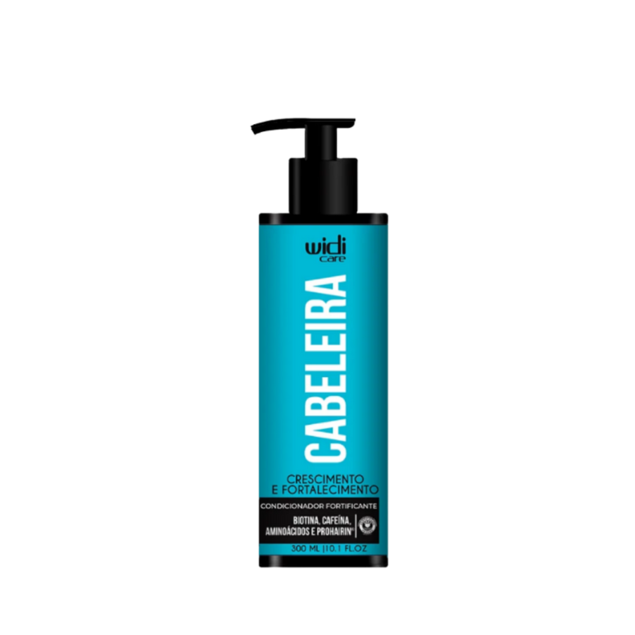 Widi Care Cabeleria Strengthening Conditioner, 300ml blue bottle with pump dispenser, enriched with biotin, caffeine, amino acids, and prohairin.