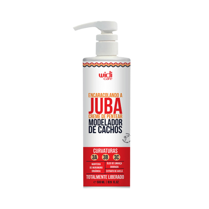 Widi Care Juba Curl Defining Cream, 500ml bottle with pump dispenser, designed for curl types 3A, 3B, and 3C, enriched with murumuru butter, linseed oil, and hazelnut extract.