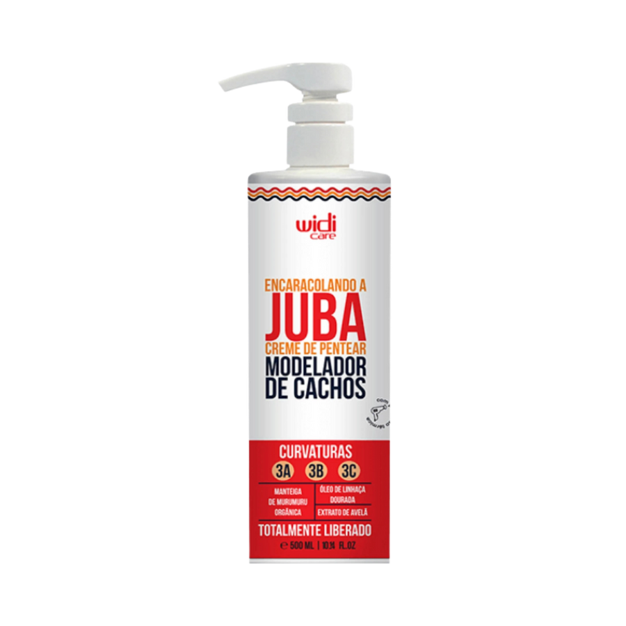 Widi Care Juba Curl Defining Cream, 500ml bottle with pump dispenser, designed for curl types 3A, 3B, and 3C, enriched with murumuru butter, linseed oil, and hazelnut extract.