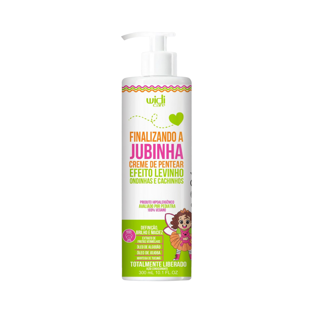 Widi Care Finalizando a Jubinha Leave-In Cream, 300ml, with red fruit extract, cotton seed oil, jojoba oil, and tucuma butter, designed for kids' wavy and curly hair. Hypoallergenic, 100% vegan.
