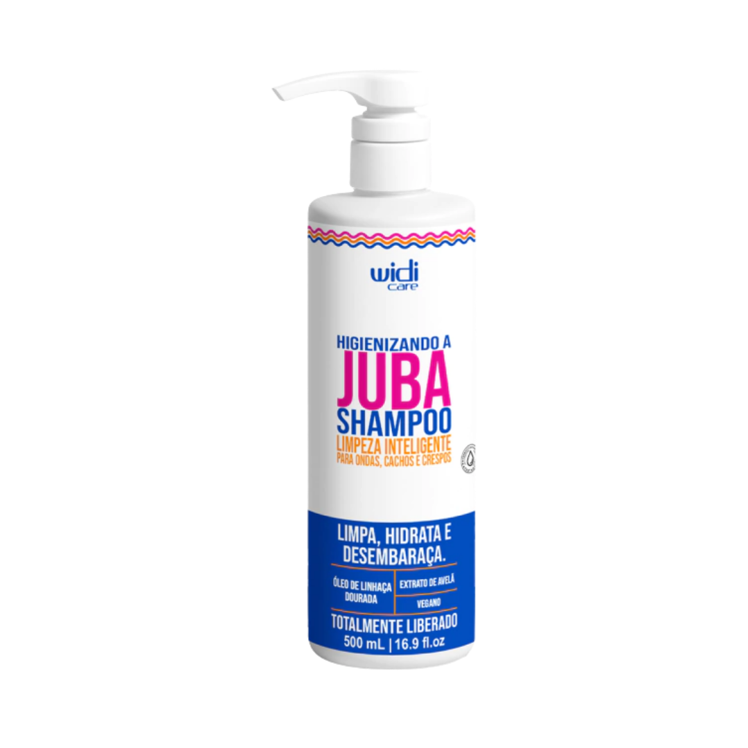Widi Care Higienizando a Juba Shampoo, 500ml, with golden flaxseed oil and hazelnut extract, designed for wavy, curly, and frizzy hair.
