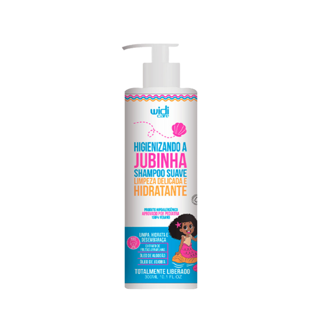 Widi Care Jubhina Gentle Shampoo, 300ml bottle with pump dispenser, designed for delicate cleaning and hydration, with jojoba oil and recommended for pediatric use.