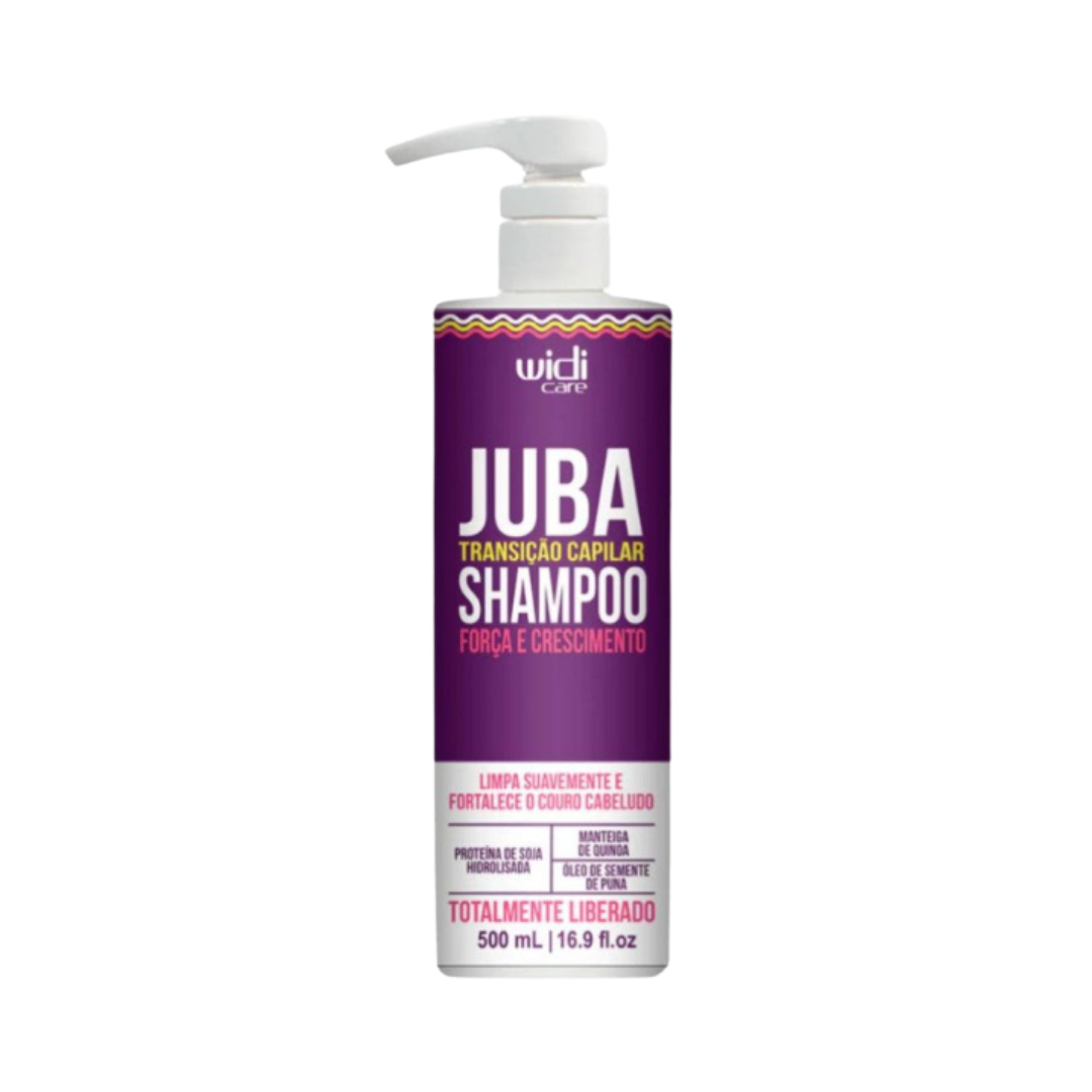 Widi Care Juba Transition Capillary Shampoo, 500ml bottle with pump dispenser, designed for hair strength and growth, containing soy protein and quinoa butter.