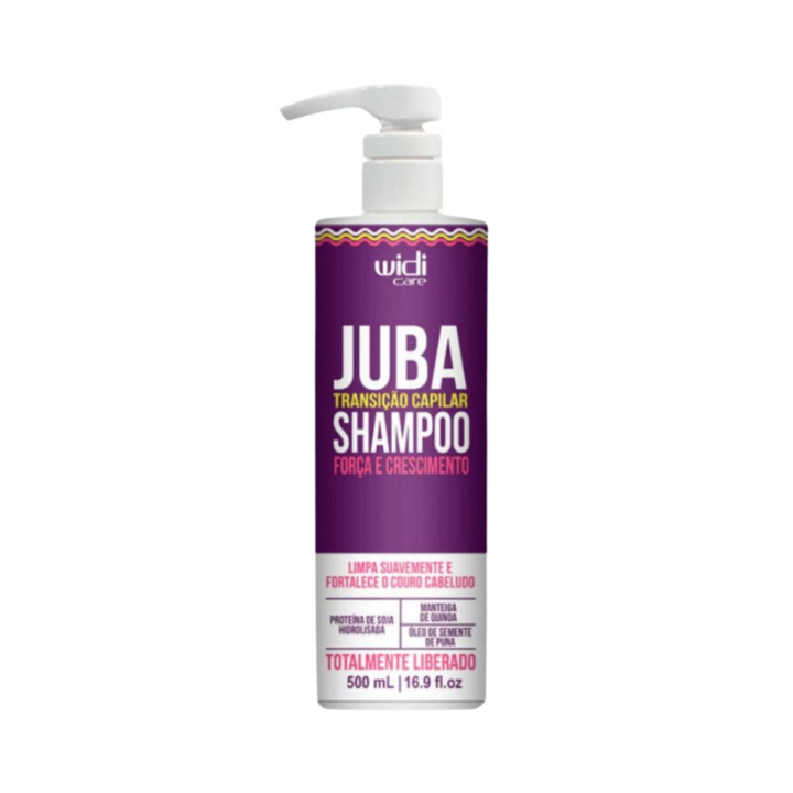 Widi Care Juba Transition Capillary Shampoo, 500ml bottle with pump dispenser, designed for hair strength and growth, containing soy protein and quinoa butter.