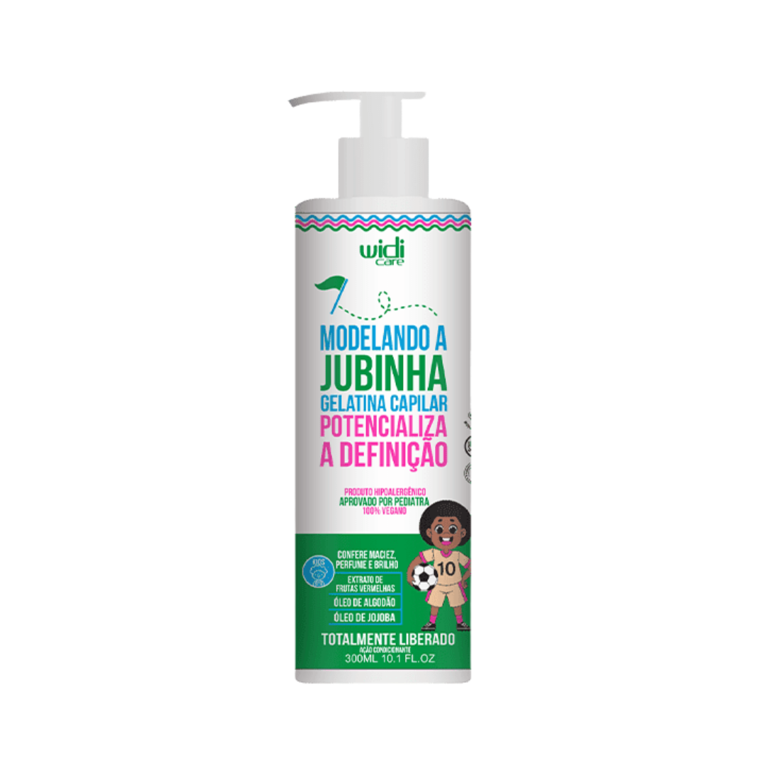 Widi Care Modelando a Jubinha Gelatina Capilar, 300ml, with jojoba oil, enhances curl definition, dermatologically tested, and pediatric approved.
