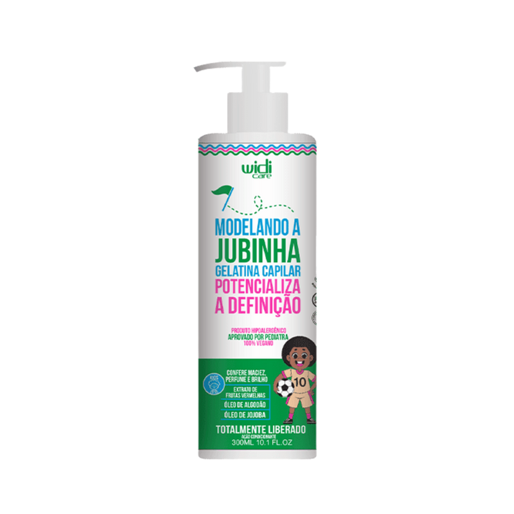 Widi Care Modelando a Jubinha Gelatina Capilar, 300ml, with jojoba oil, enhances curl definition, dermatologically tested, and pediatric approved.
