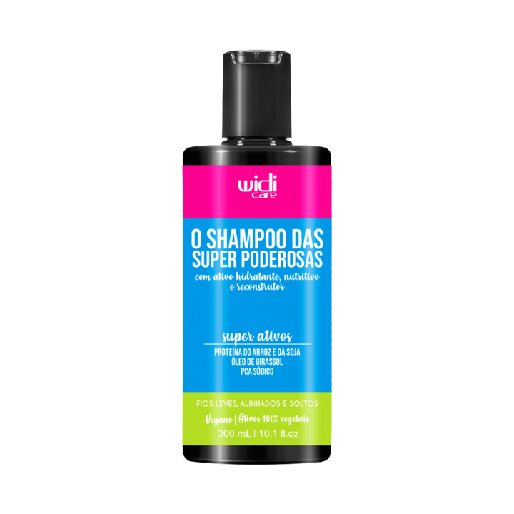 Widi Care O Shampoo das Super Poderosas, 300ml, with rice and soy protein, sunflower oil, and PCA Sodium.