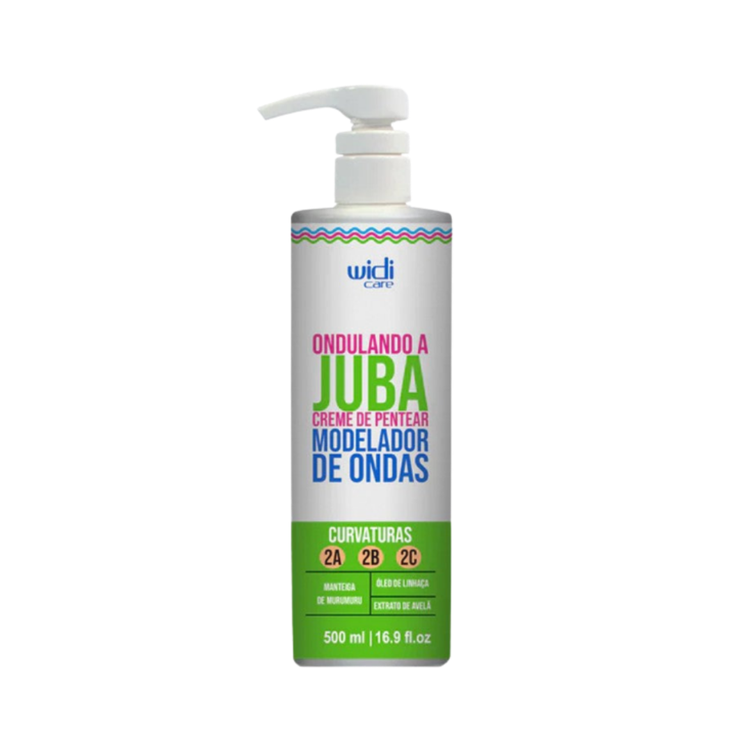 Widi Care Juba Wave Defining Cream, 500ml bottle with pump dispenser, designed for wave types 2A, 2B, and 2C, enriched with murumuru butter, linseed oil, and hazelnut extract.