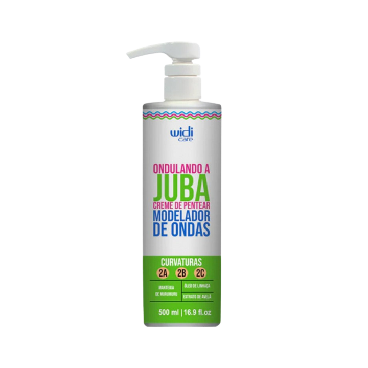 Widi Care Juba Wave Defining Cream, 500ml bottle with pump dispenser, designed for wave types 2A, 2B, and 2C, enriched with murumuru butter, linseed oil, and hazelnut extract.