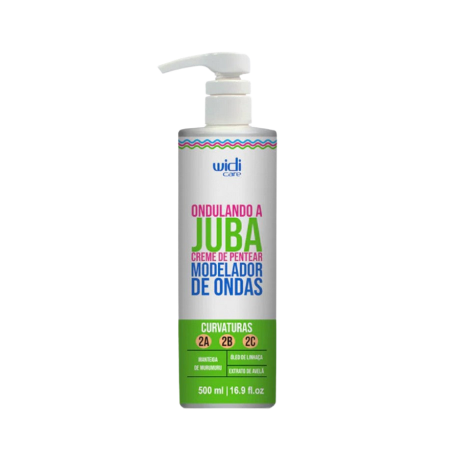 Widi Care Juba Wave Defining Cream, 500ml bottle with pump dispenser, designed for wave types 2A, 2B, and 2C, enriched with murumuru butter, linseed oil, and hazelnut extract.