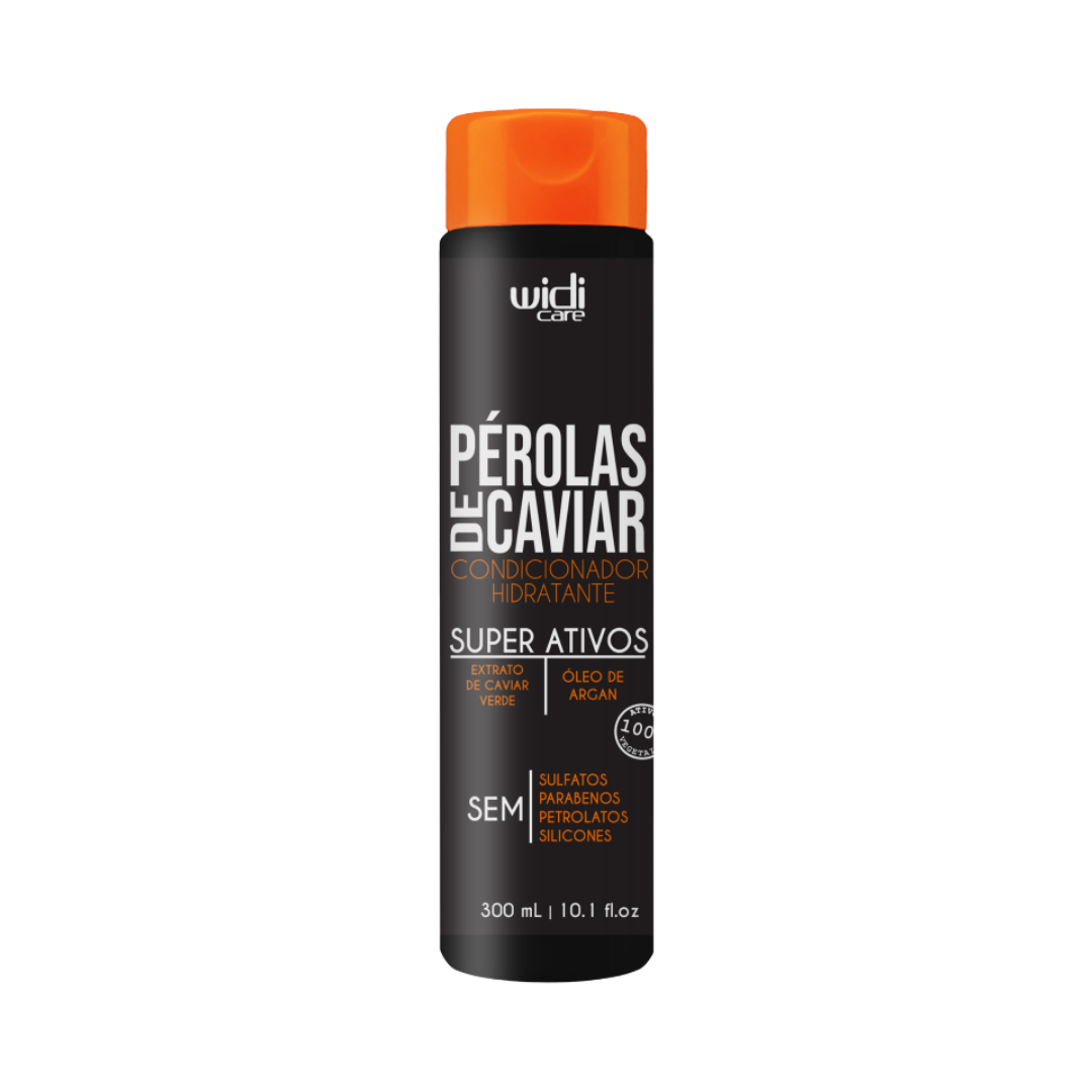 Widi Care Pérolas de Caviar Hydrating Conditioner, 300ml, with green caviar extract and argan oil. Free from sulfates, parabens, petrolates, and silicones.