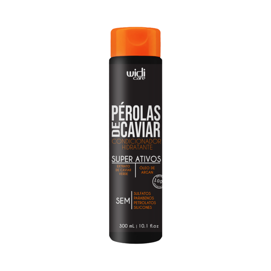 Widi Care Pérolas de Caviar Hydrating Conditioner, 300ml, with green caviar extract and argan oil. Free from sulfates, parabens, petrolates, and silicones.