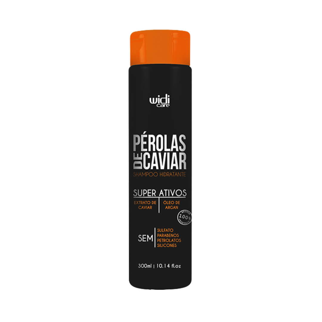 Widi Care Pérolas de Caviar Hydrating Shampoo, 300ml, with caviar extract and argan oil, sulfate, paraben, petroleum, and silicone-free.
