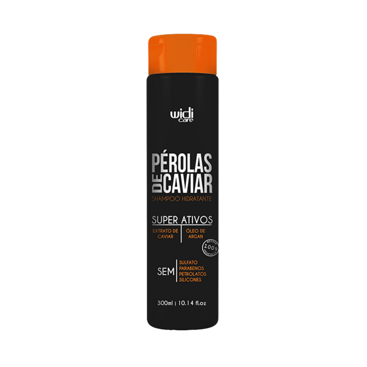 Widi Care Pérolas de Caviar Hydrating Shampoo, 300ml, with caviar extract and argan oil, sulfate, paraben, petroleum, and silicone-free.
