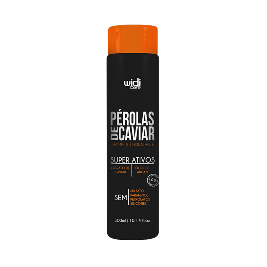 Widi Care Pérolas de Caviar Hydrating Shampoo, 300ml, with caviar extract and argan oil, sulfate, paraben, petroleum, and silicone-free.
