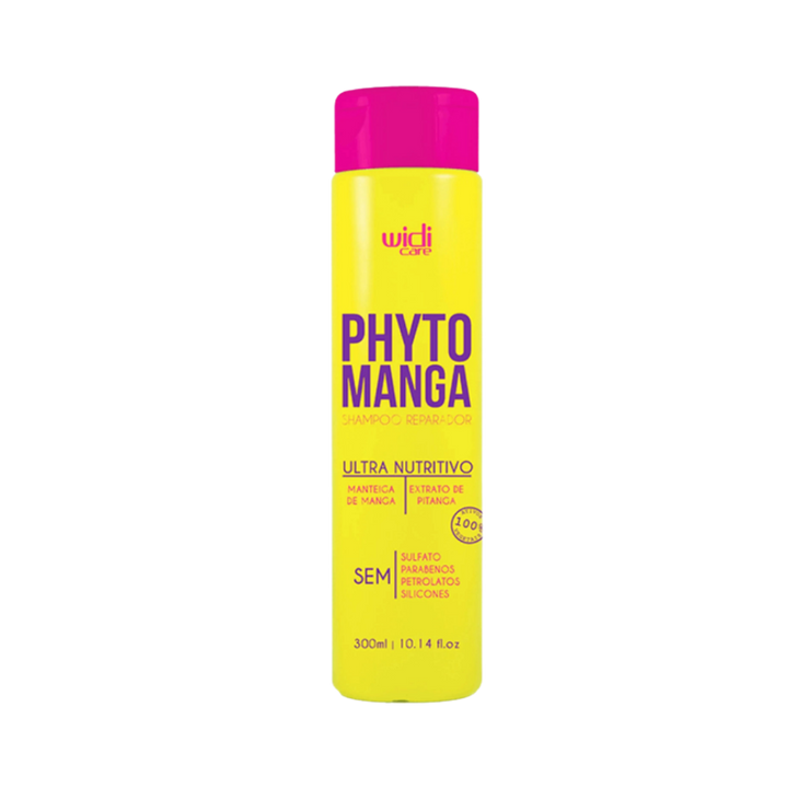 Widi Care PhytoManga Ultra Nutritive Repair Shampoo, 300ml yellow bottle with pink cap, contains mango butter and pitanga extract.
