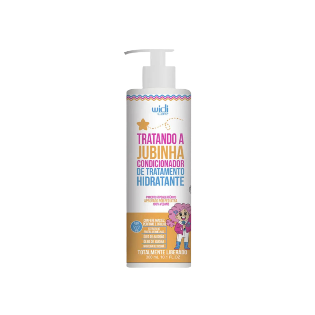 Widi Care Jubhina Hydrating Treatment Conditioner, 300ml bottle with pump dispenser, designed for pediatric use, enriched with jojoba oil and almond oil.