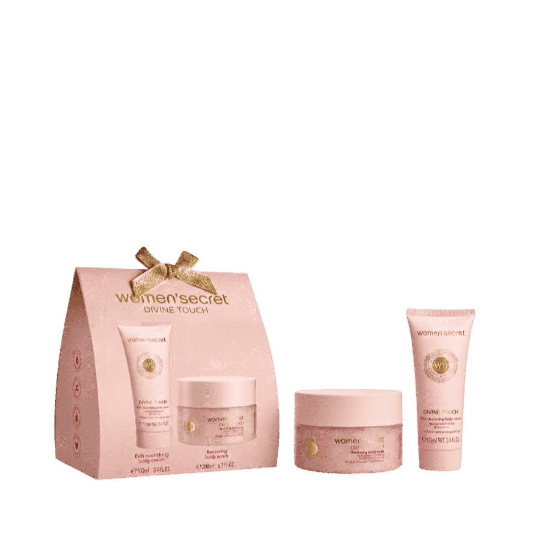 Women’Secret Divine Touch body care set with 100ml body cream and 200ml renewing body scrub.