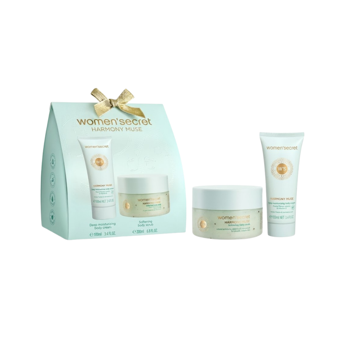 Women’Secret HARMONY MUSE Deep Moisturizing Body Cream - 100ml  Softening Body Scrub - 200ml | ومن سيكرت مجموعة العناية للجسم كريم ومقشر للجسم - 100 مل