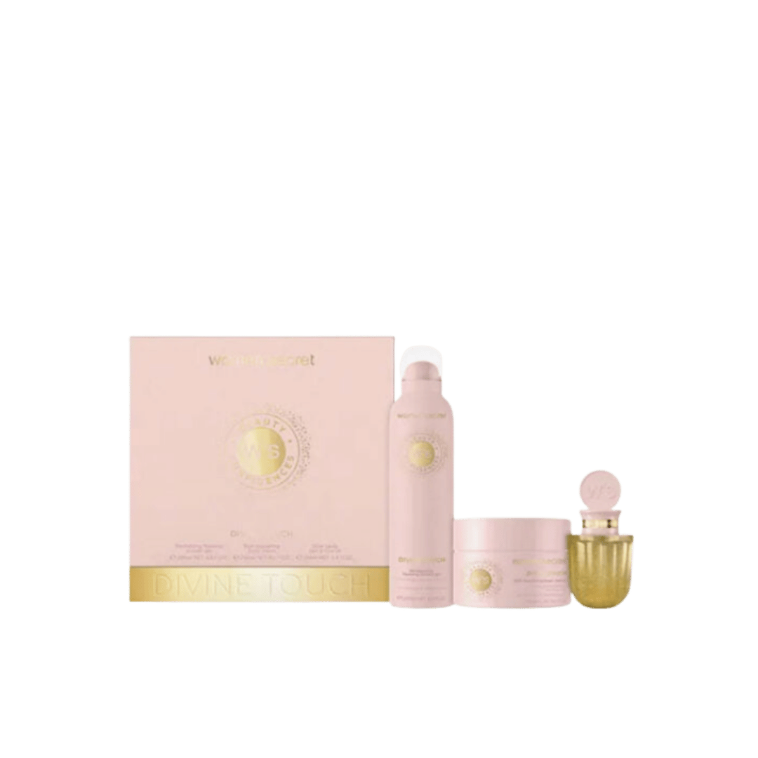 women’secret Divine Touch gift set with pink box, body mist, body cream, and perfume bottle