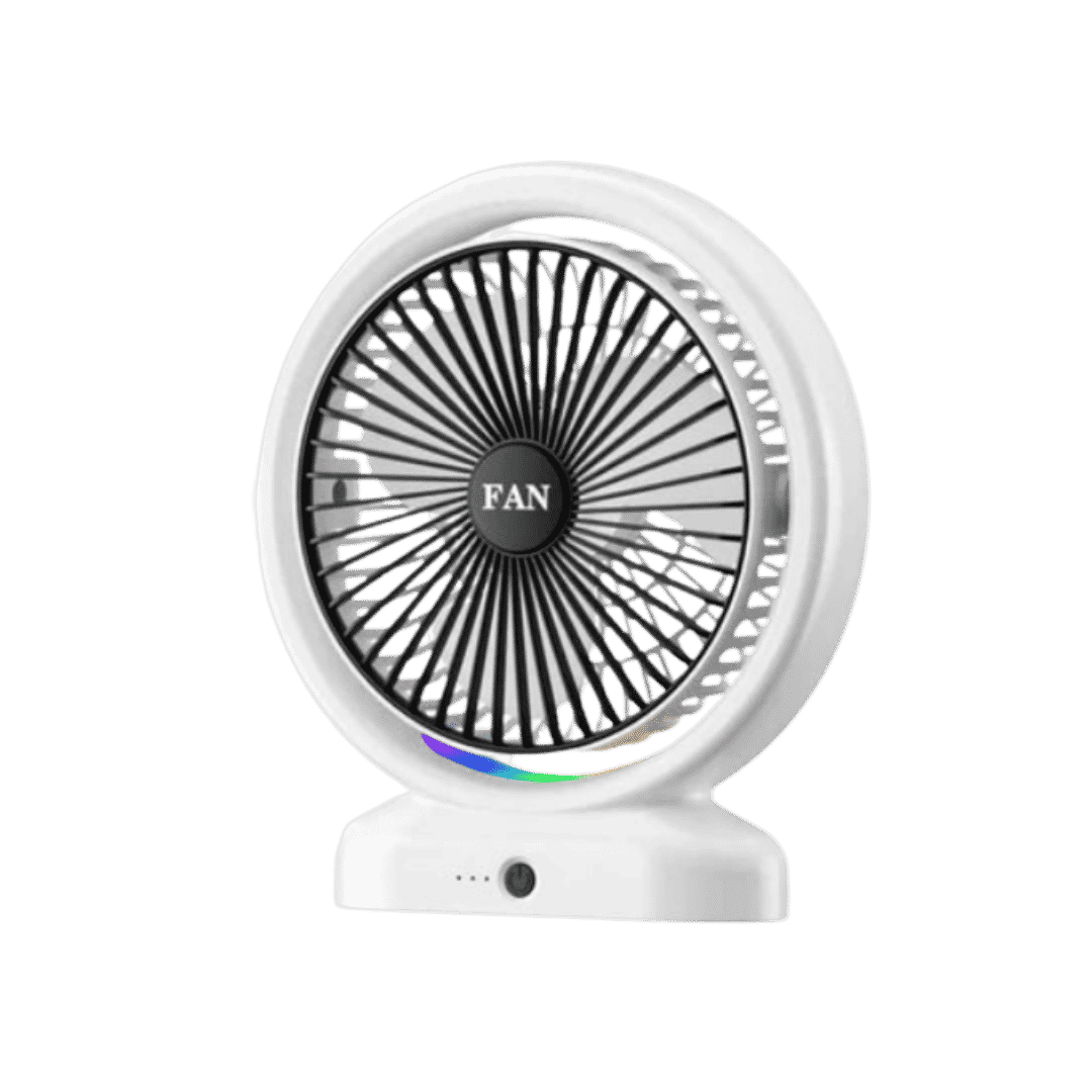 Small white desktop fan with black blades, rainbow LED light, labeled "FAN."