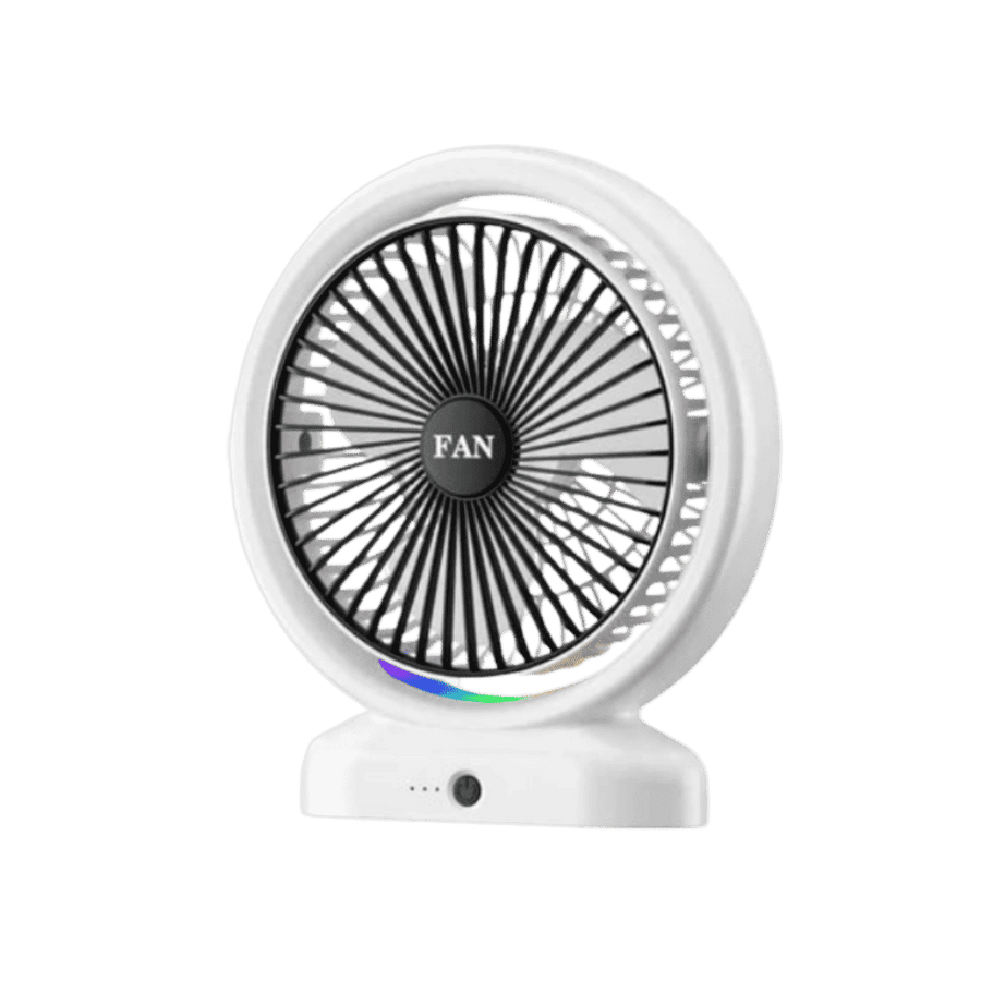 Small white desktop fan with black blades, rainbow LED light, labeled "FAN."