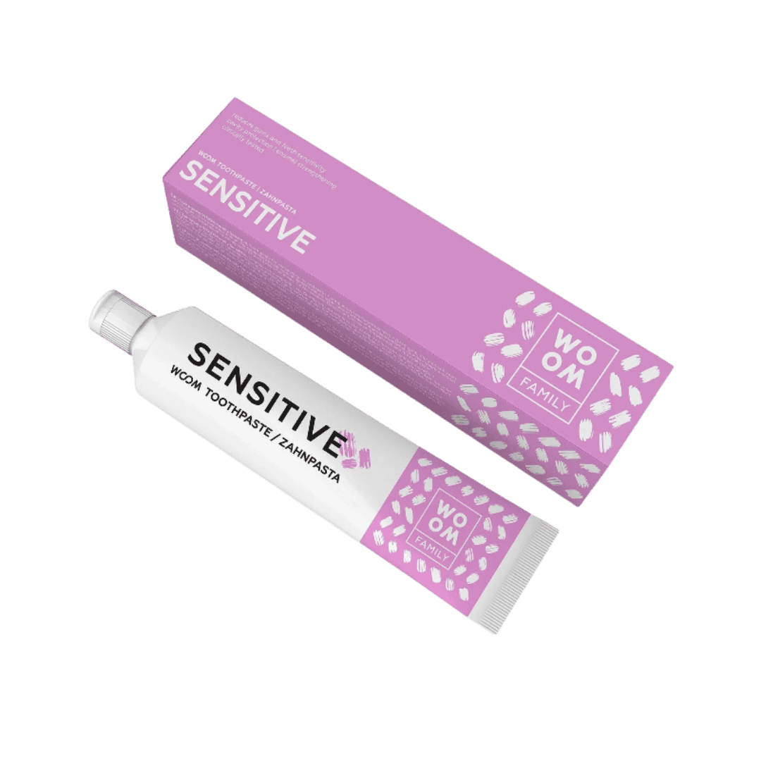 WOM Family Sensitive Toothpaste, designed for sensitive teeth, packaged in a 100ml tube with a purple box.