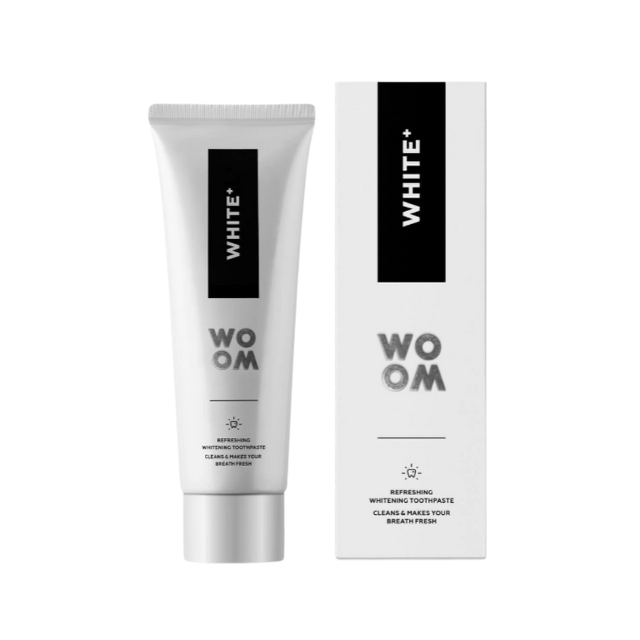 WOOM White+ refreshing whitening toothpaste, tube and box packaging, cleans teeth and freshens breath.