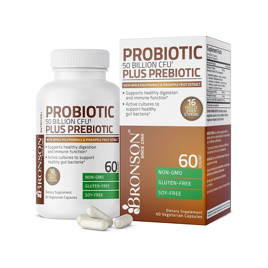 Bronson Probiotic Plus Prebiotic - 50 Billion CFU - 60 Vegetarian Capsules - 60 Count | برونسون بروبيوتيك بلس بريبيوتيك - 50 مليار وحدة تكوين مستعمرات - 60 كبسولة نباتية