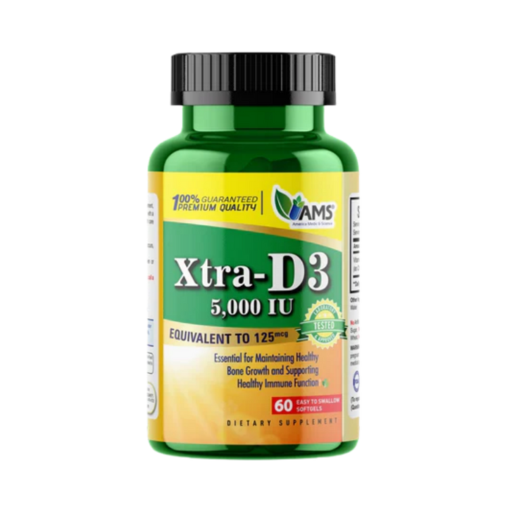 AMS Xtra-D3 Vitamin D3 5,000 IU softgels, 60-count green plastic bottle with black screw cap