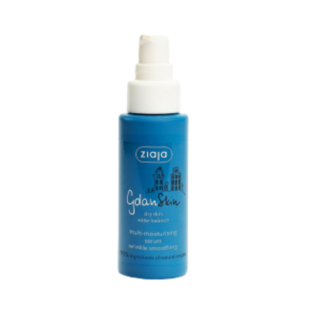 Ziaja GdanSkin dry skin face serum, blue plastic bottle with white pump dispenser
